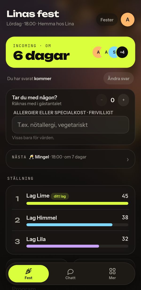 Fest INC på en mobil: nedräkning, OSA, nästa programpunkt och lagställning